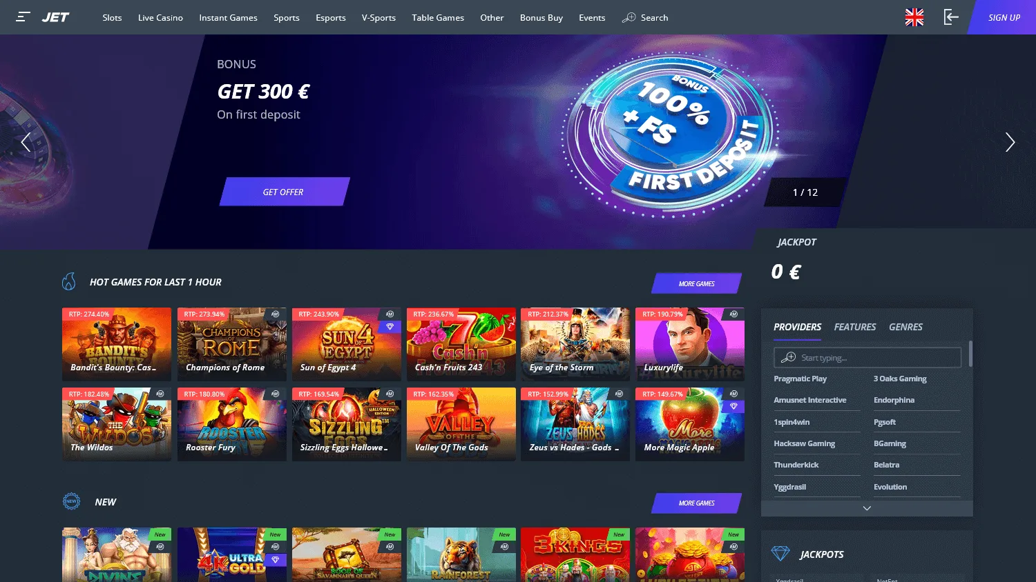 Jet Casino home interface on a desktop screen